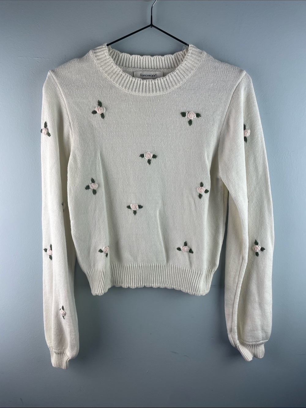 Francesca's Collections Cream Crewneck Sweater with Pink Rose Embroidery Size S